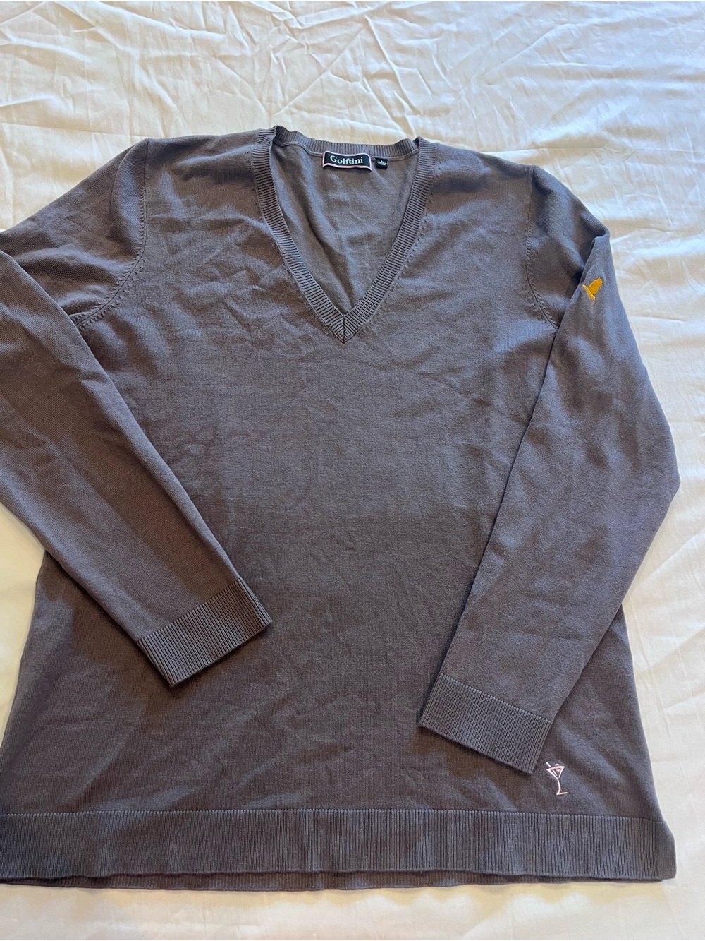 Golftini Women's Gray V-Neck Knit Pullover Sweater Long Sleeve Logo Size L Golf